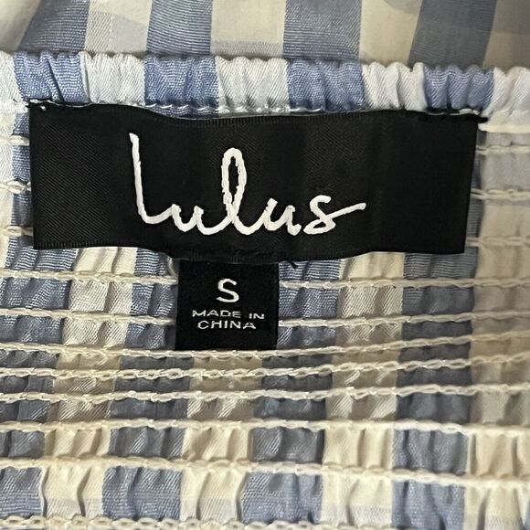 Lulus Women's Size Small Picnic Party Light Blue Gingham Tiered Skater Dress - Picture 4 of 4